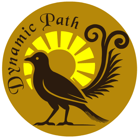Dynamic Pathways circular logo with lyre bird silhouette and sunburst on brown background